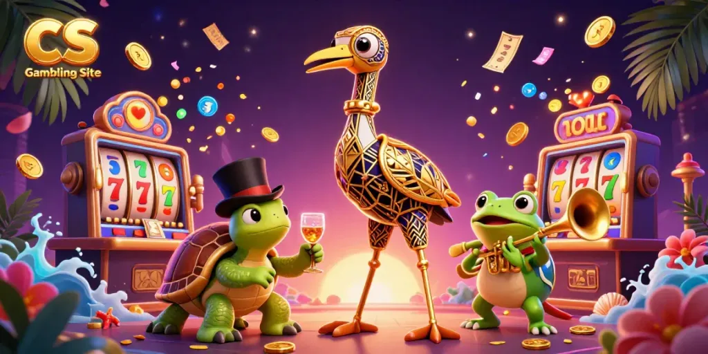 Engage with the dynamic CS Gambling Site scene featuring vibrant slot reels and colorful jackpot coins.