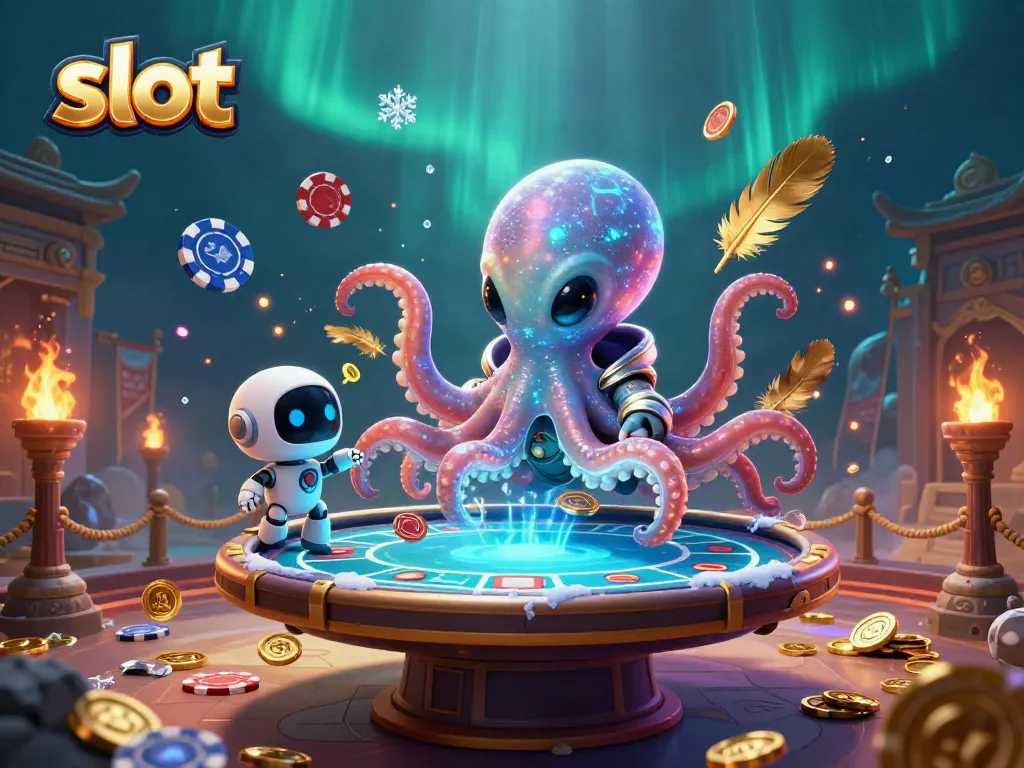 Experience thrilling slot gaming with an alien octopus at a holographic poker table.