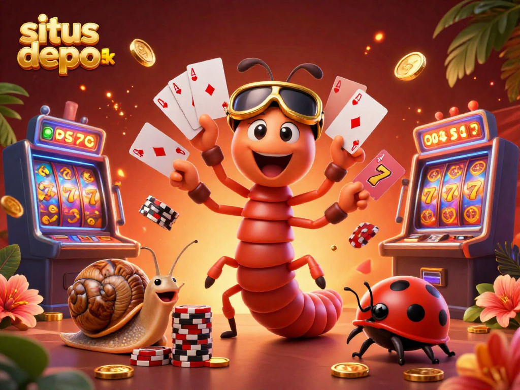 Spin reels and win big with situs depo 5k illustrated by a whimsical dealer and high-rolling characters.