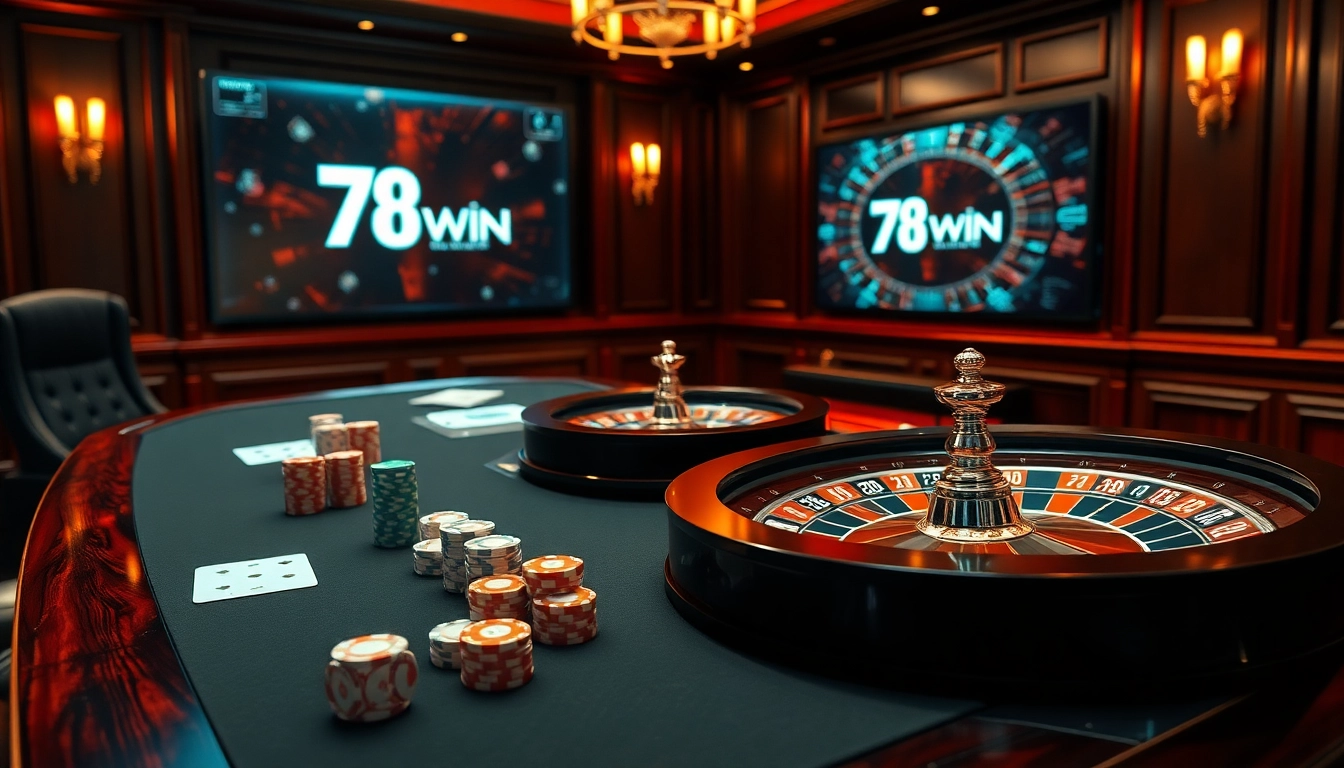 Experience thrilling gameplay at 78WIN with premium poker setups and vibrant roulette wheels.