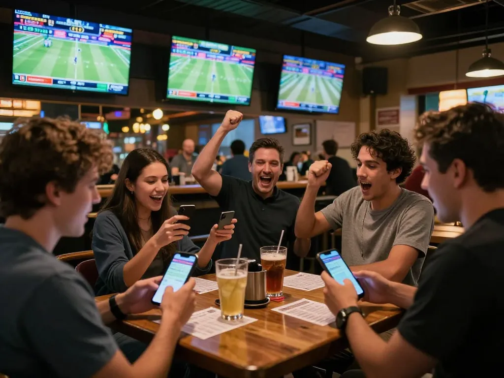 Patrons actively engaging in sports betting at a bar, showcasing the lively atmosphere of lv88seo.
