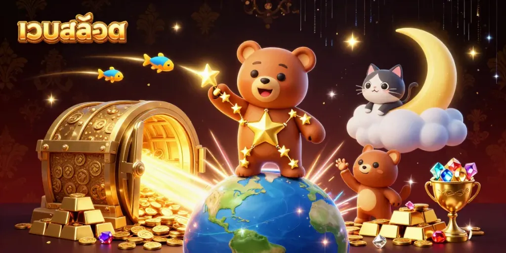 ภาพการ์ตูน 3D ของเว็บสล็อต ที่แสดงถึงหมีจักรราศีทองคำเก็บเหรียญจากโลกพร้อมการตกแต่งล้ำค่า