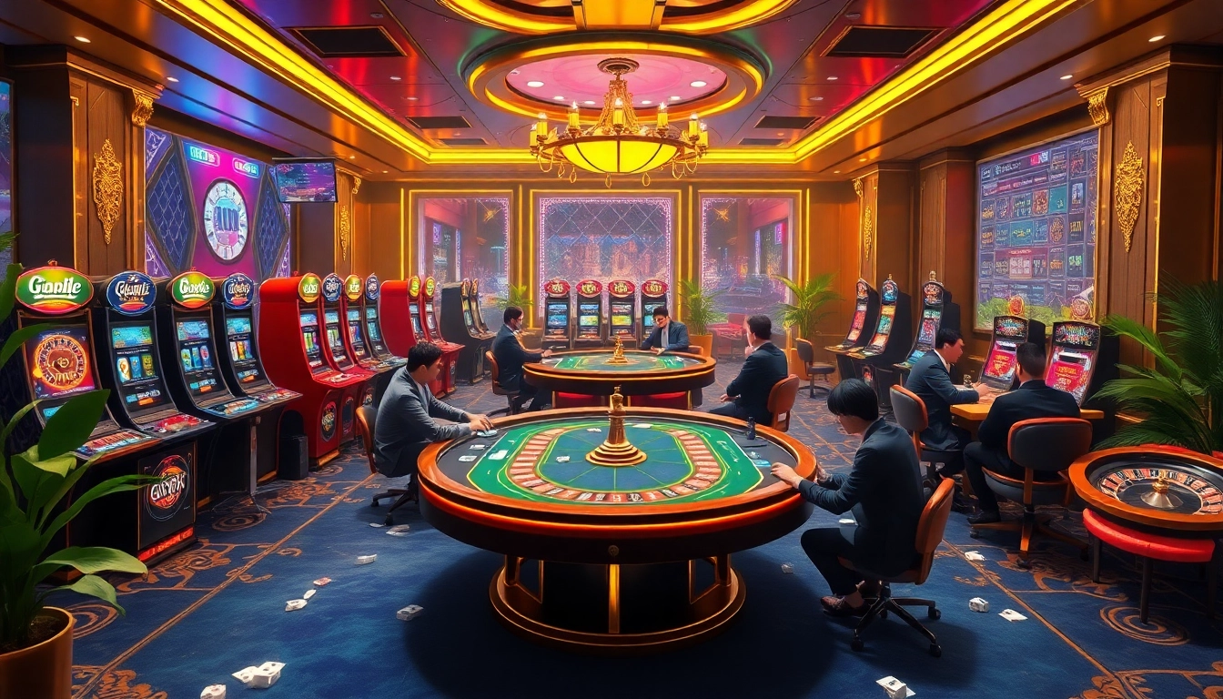 High-stakes poker excitement at https://bem88.com with vibrant slot machines and luxurious decor.