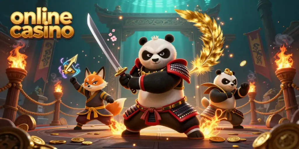Engage in thrilling action at an online casino with vibrant samurai panda and ninja fox.