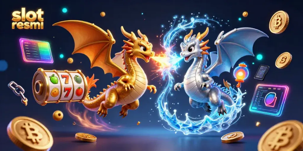 Engage in stunning slot resmi gameplay illustrated with dynamic dragons and glowing crypto elements.
