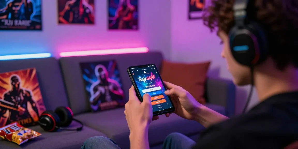 Player accessing Raja Game login on mobile device surrounded by gaming accessories.