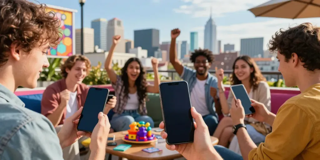 Engaged player enjoying Rumble Rummy app with friends in urban setting.
