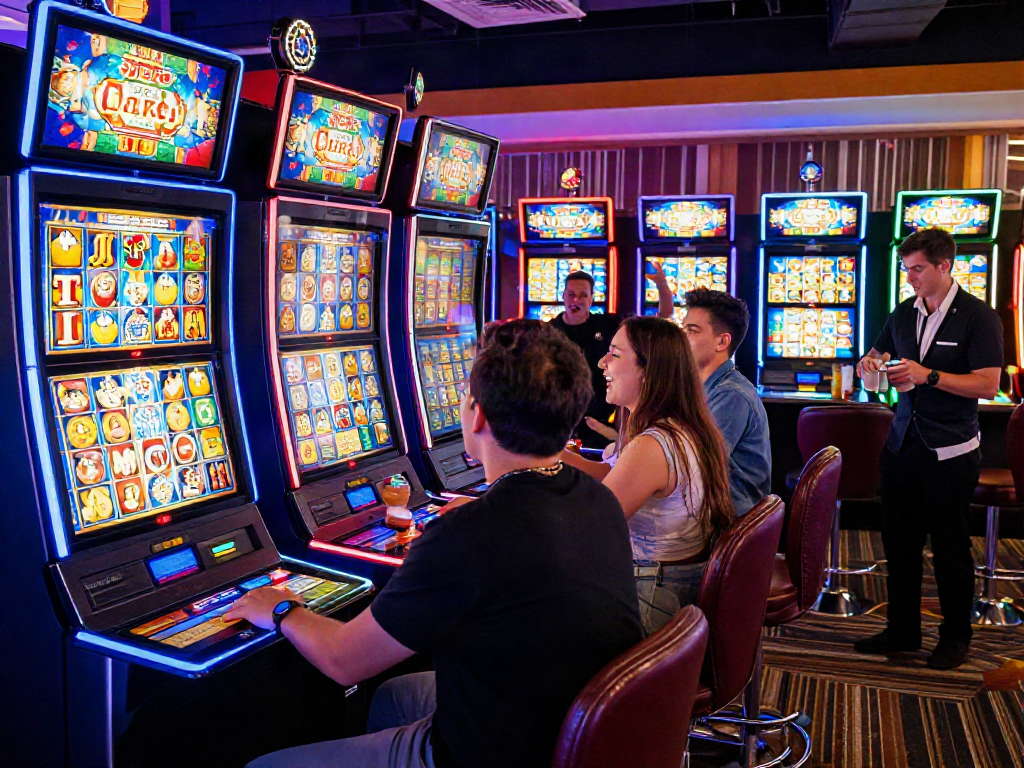 Exciting casino scene with diverse players enjoying slot machines and vibrant lighting