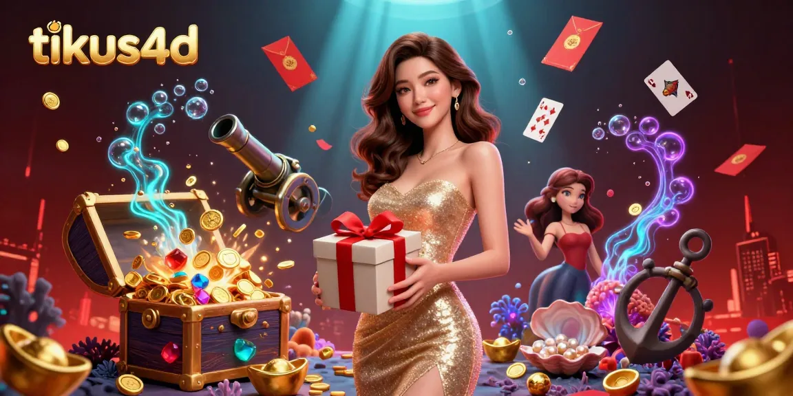 Engage with tikus4d's vibrant casino celebration featuring a glamorous woman holding a gift box overflowing with gold.