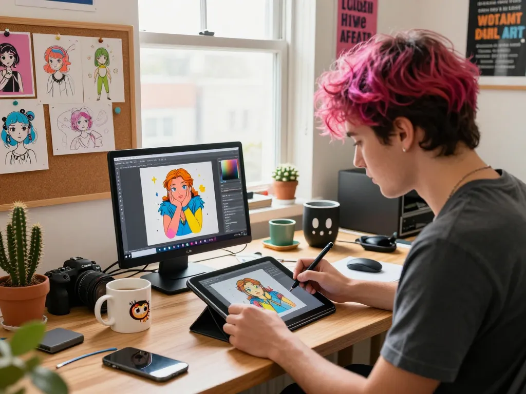 Creative professional designing ai nsfw characters in a bright office