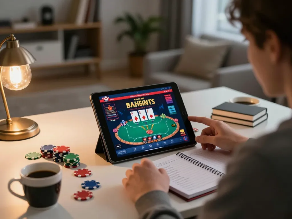 Engaging in Canada online casinos, a player strategizes with poker visible on a tablet in a cozy home office.