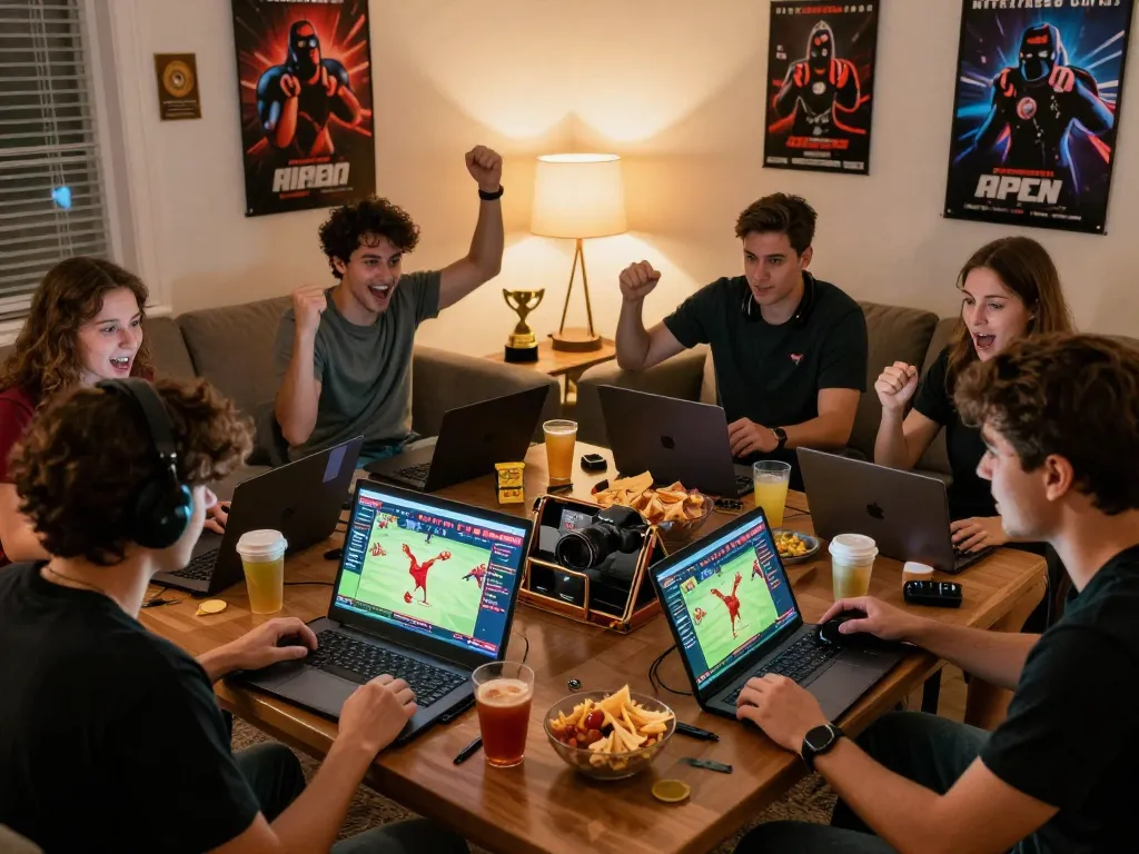 Friends enjoying live chicken fights on https://ga179i.com/ while engaged in a lively gaming atmosphere.