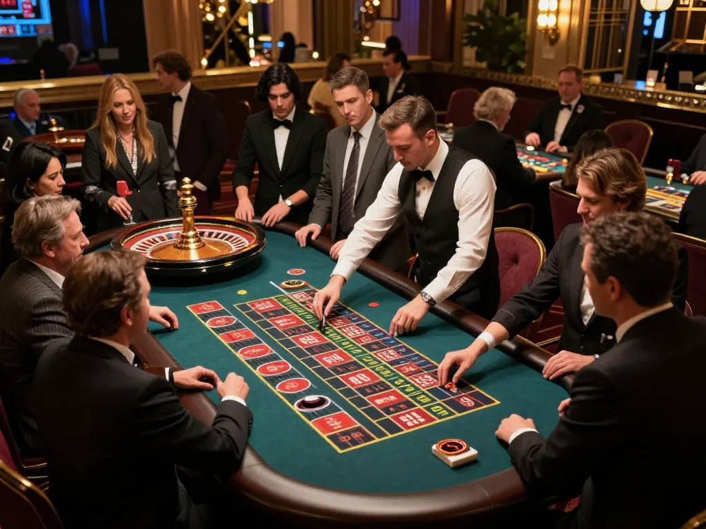 Qh88 players enjoying a thrilling roulette game at a luxurious casino table.