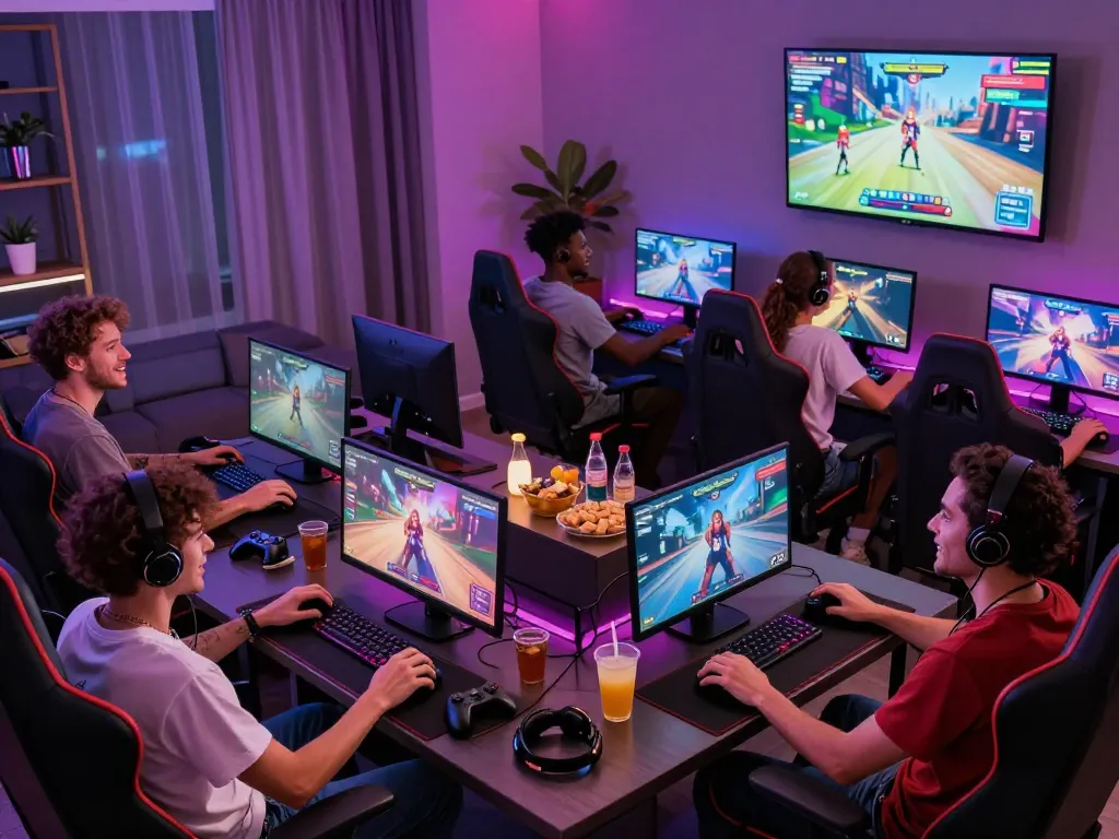 Engaging gaming lounge with friends playing sex games on various devices in a lively atmosphere.