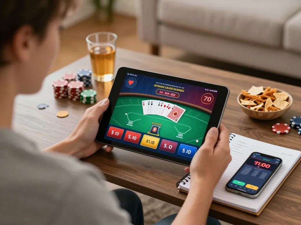 Engaged player using tablet for online USA casinos poker strategy in cozy living room.