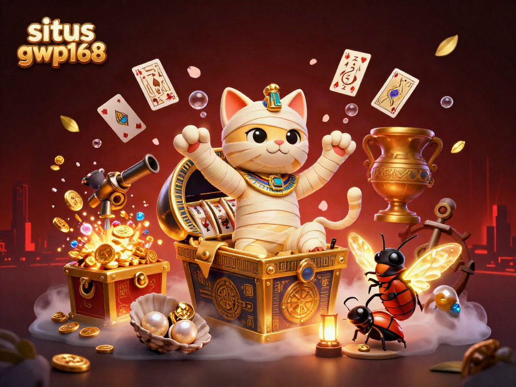 Gambarlah situs gwp168 dengan kucing mummy dan slot gacor bersinar di depan piramida
