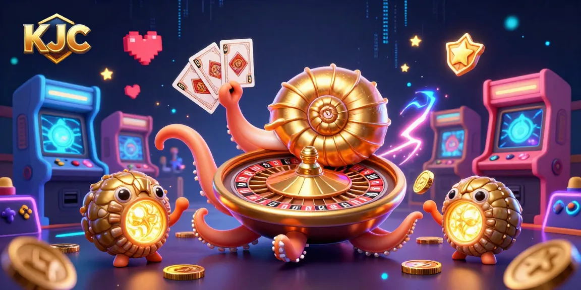 KJC casino illustration featuring a giant nautilus roulette wheel and glowing ammonite companions.