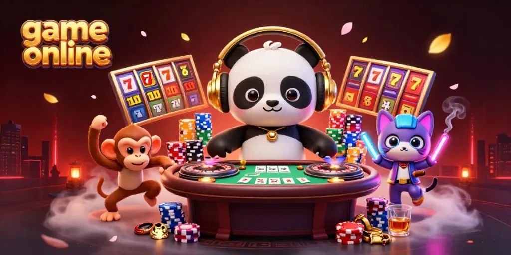 Experience the excitement of game online with a DJ panda, breakdancing monkey, and rave kitten in a vibrant casino setting.