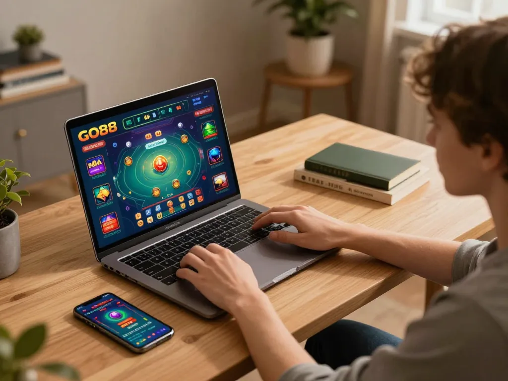 Player engaging with GO88 online casino games on a laptop in a cozy home setting.