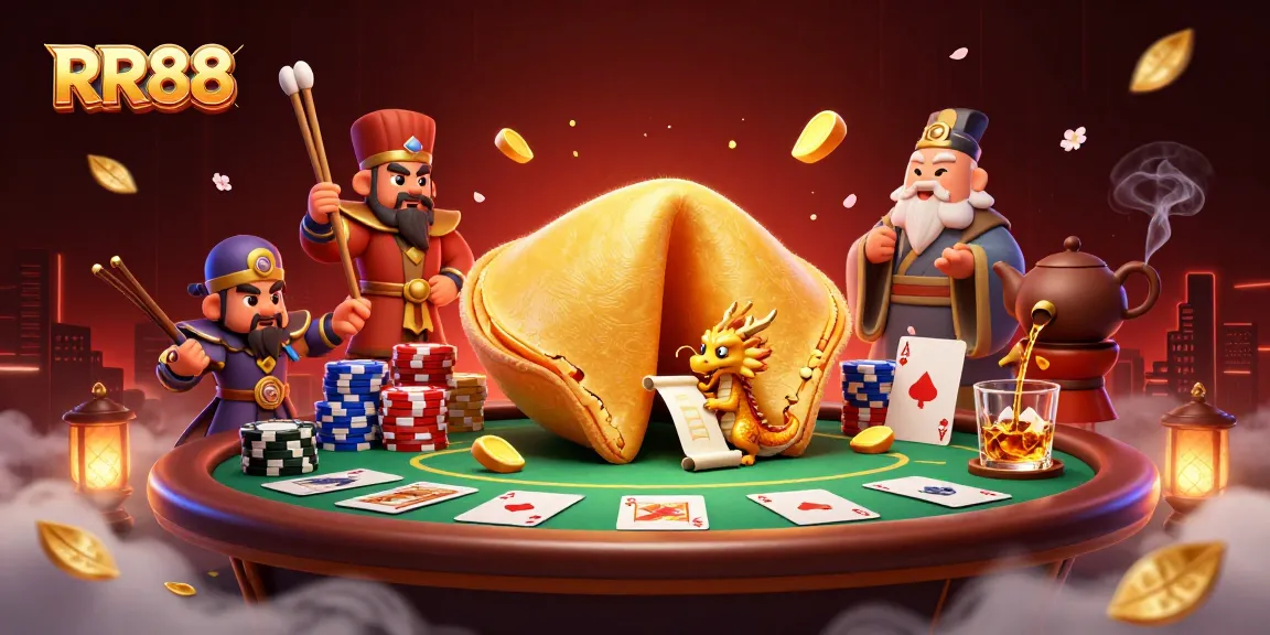 Engage with RR88's vibrant casino scene featuring colorful poker chips and dynamic characters.