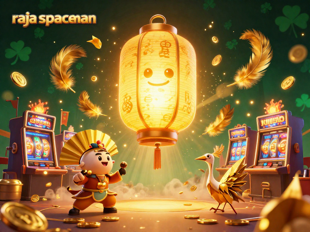 Win big playing slots with raja spaceman amidst golden lanterns and vibrant casino elements.