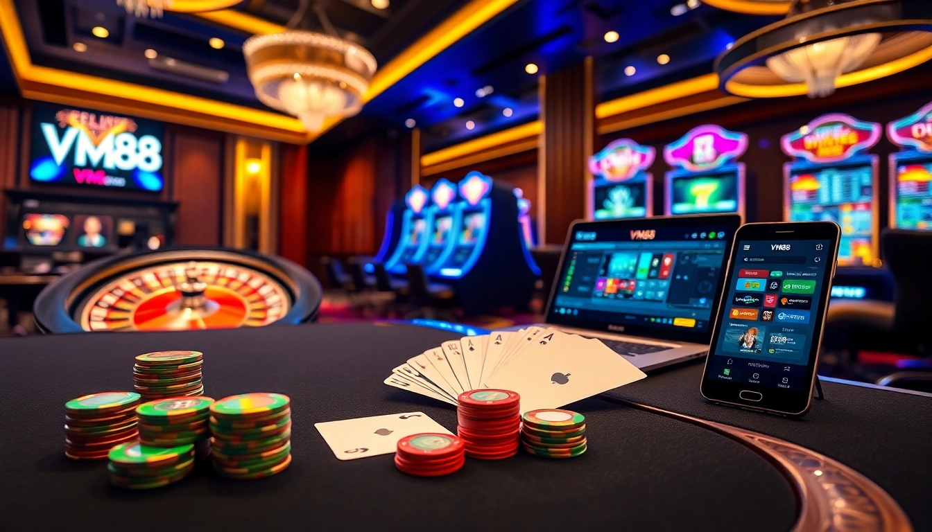 Professional gambler placing strategic bet at VM88 online casino poker table with chips and cards