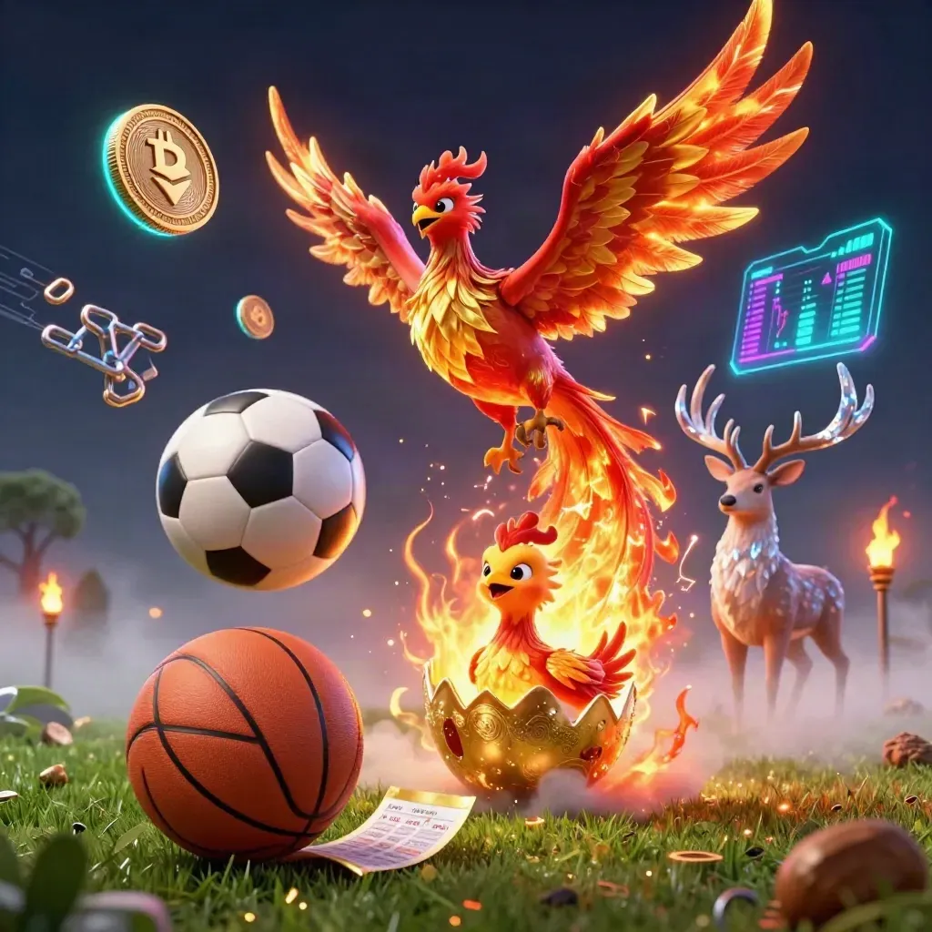 Phoenixes and a crystalline stag amid casino coins, lightning, and a flying soccer ball.