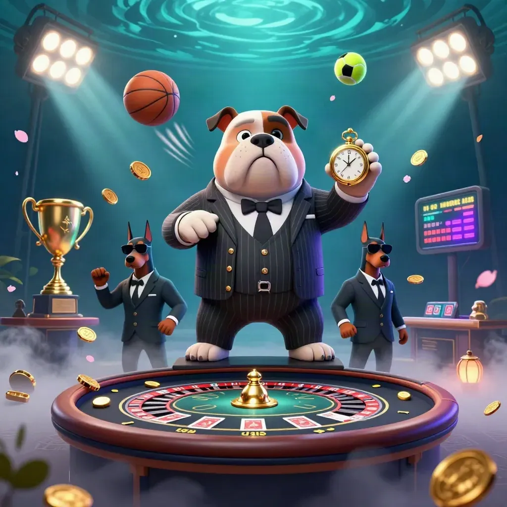 Bulldog casino boss with two Doberman bodyguards amid sports balls, coins, trophies, and neon beams.