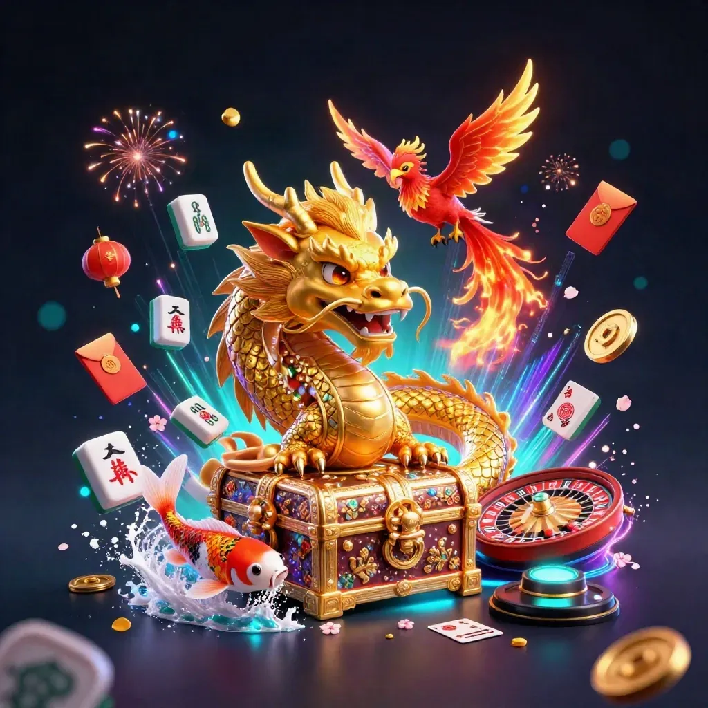 Golden dragon, phoenix and koi with neon casino symbols in misty teal light.