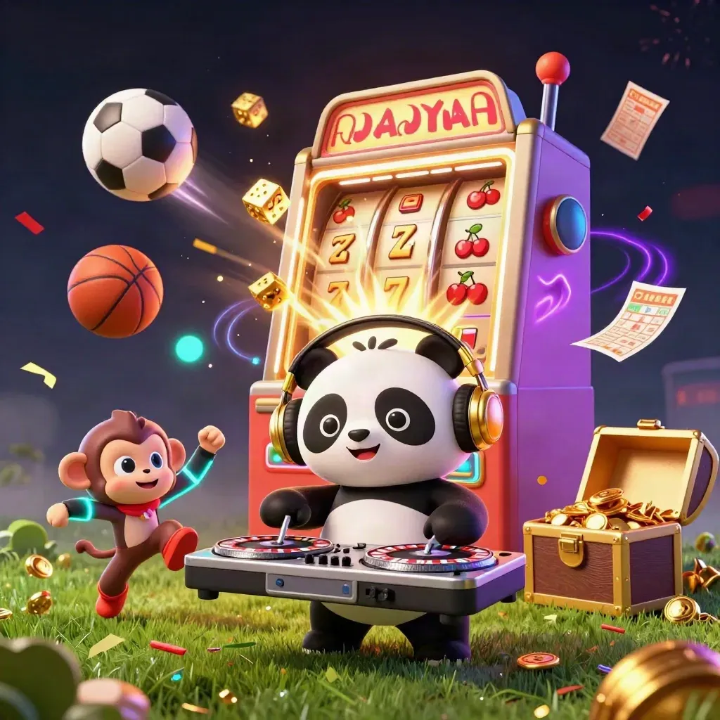 DJ panda, breakdancing monkey, and glow kitten amid slots, balls, dice, and teal-violet casino light.