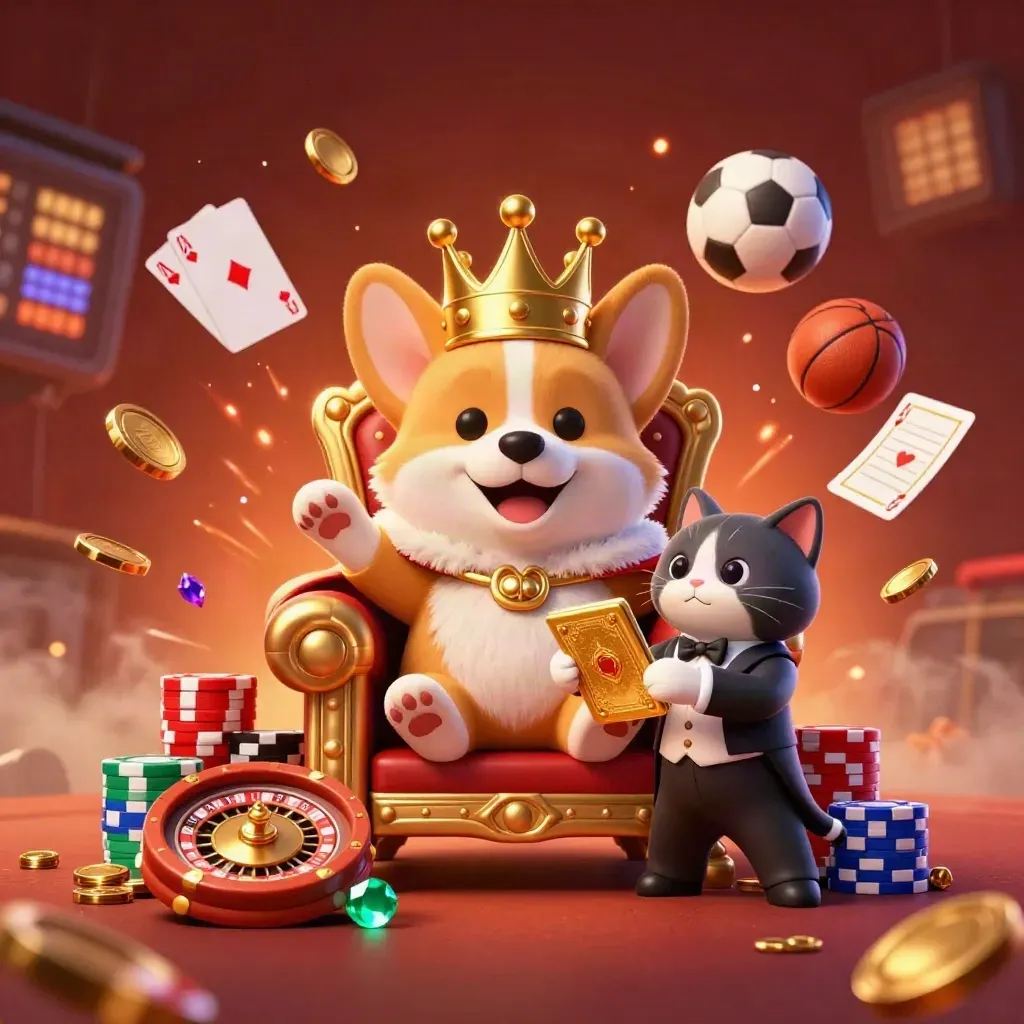 Royal corgi and cat butler amid spinning chips, coins, roulette, gems, soccer and basketball.