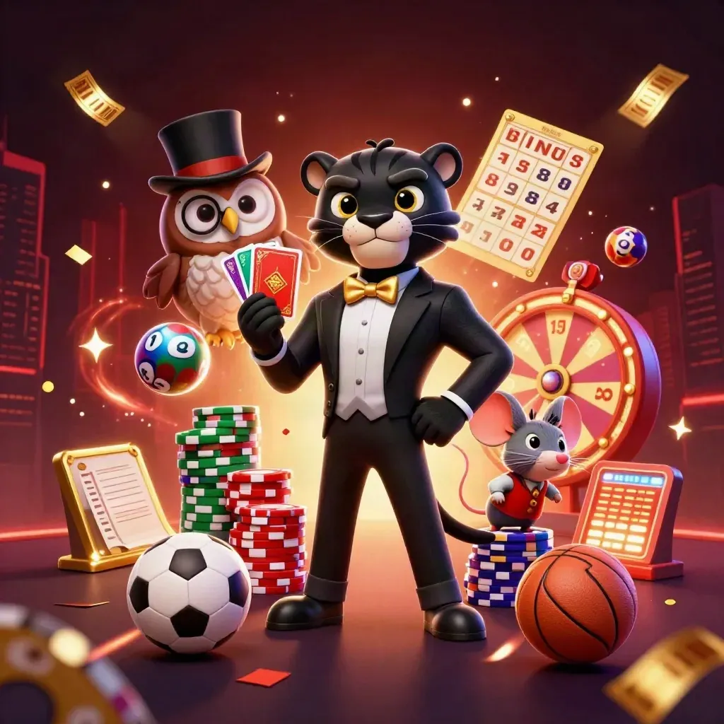 Panther, owl, and mouse amid casino chips, lottery balls, and glowing sports props.