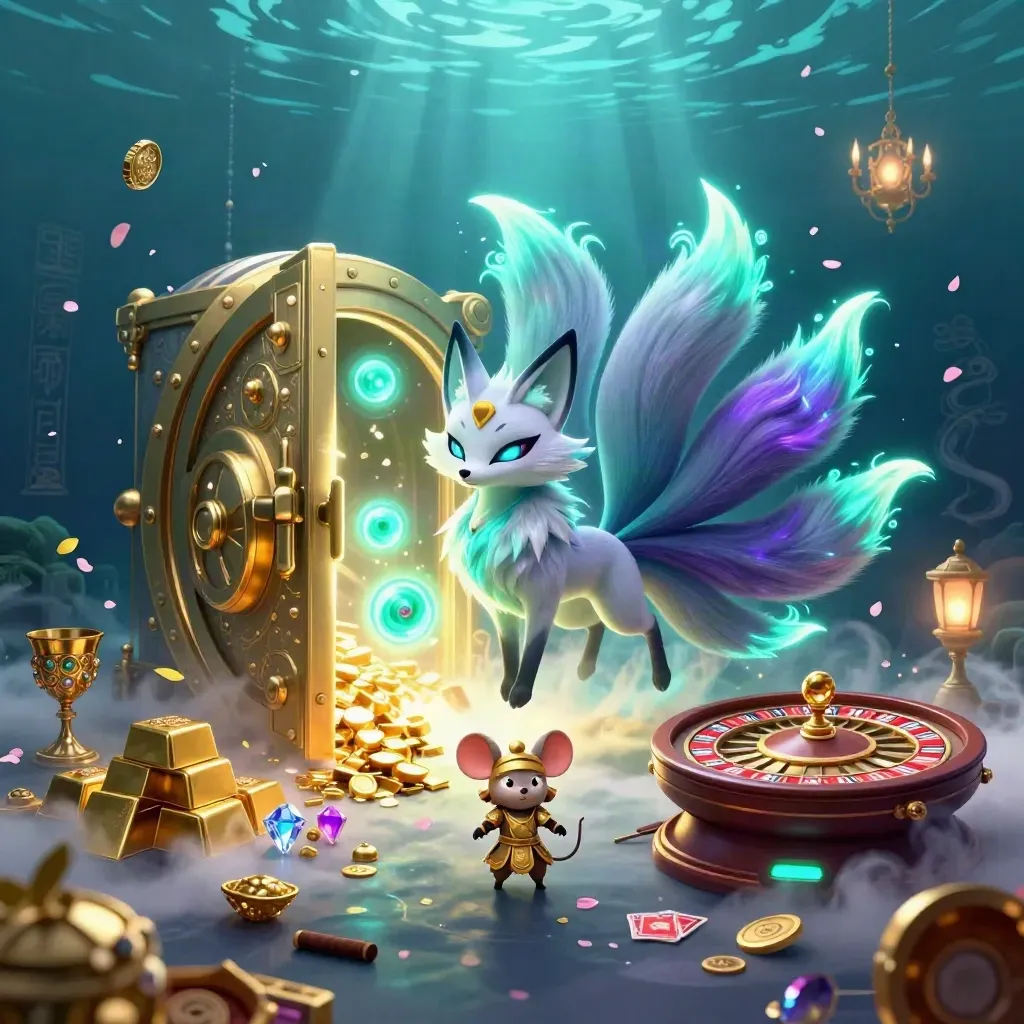 Nine-tailed fox spirit and samurai mouse amid a glowing vault door, gold bars, gems, and casino lights.