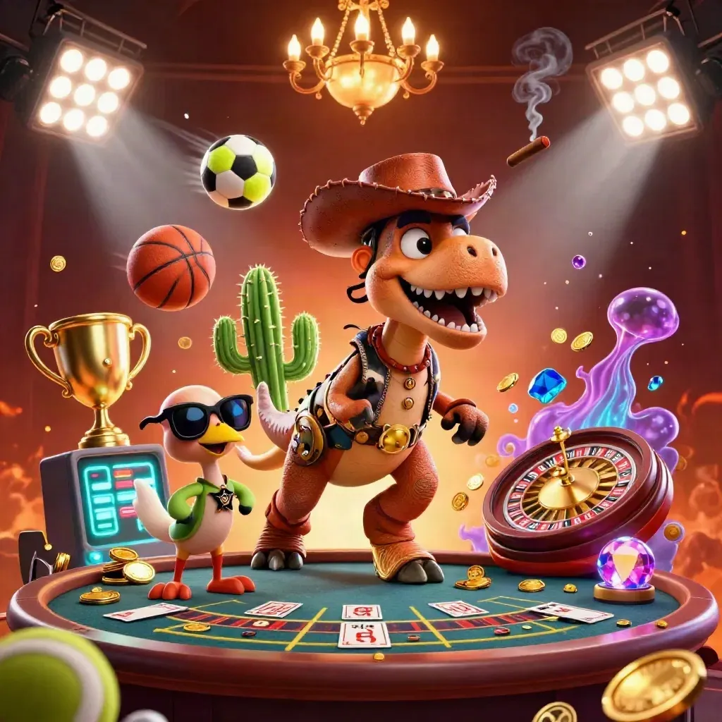 Cowboy T-Rex, cactus sidekick, and sheriff roadrunner amid casino glamour and spinning game props.