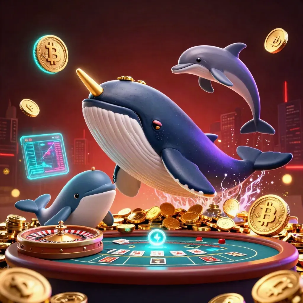 Whale captain, narwhal, and dolphins in a neon casino sea of coins and lightning.