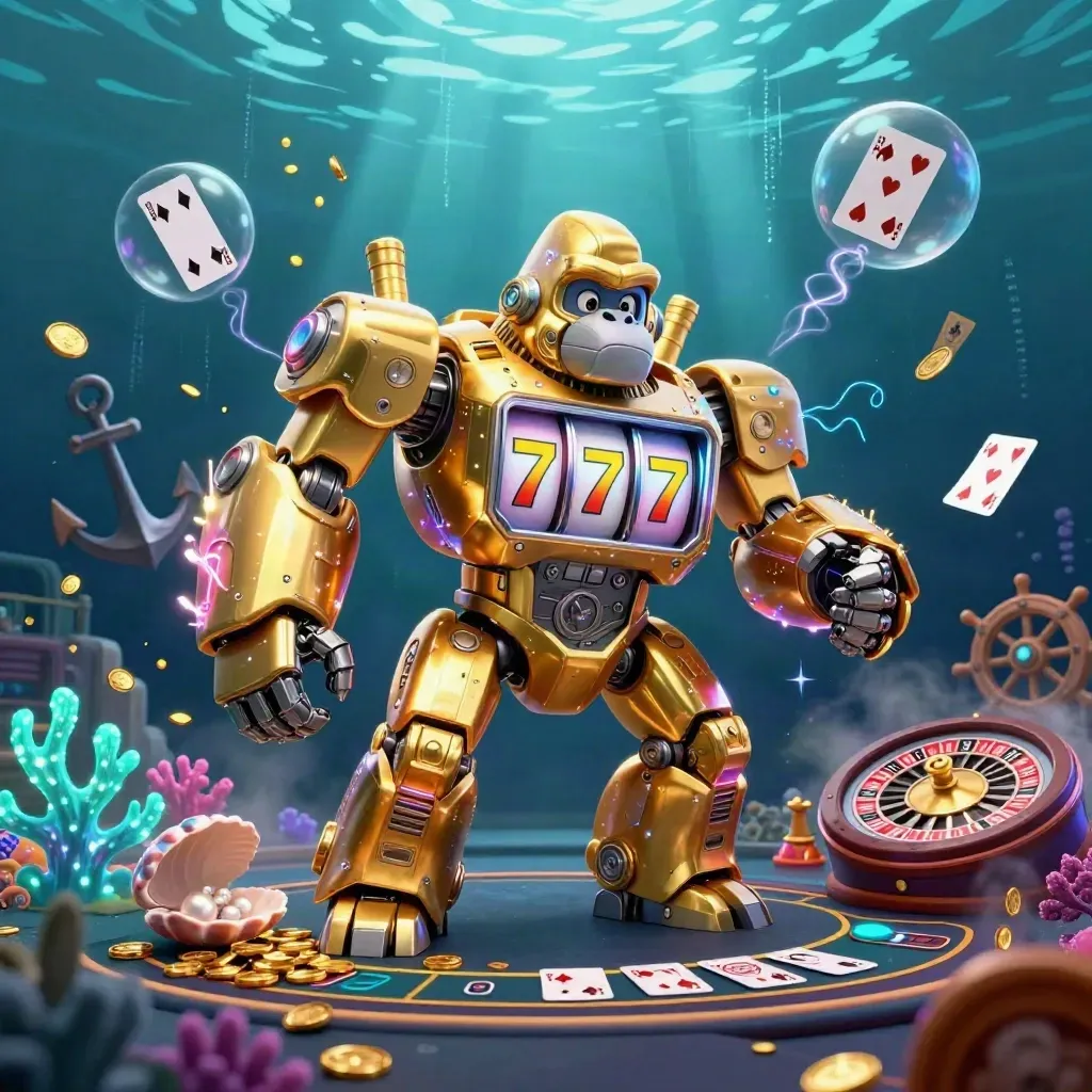 Golden gorilla mech with monkey pilot amid underwater casino treasure and neon glow