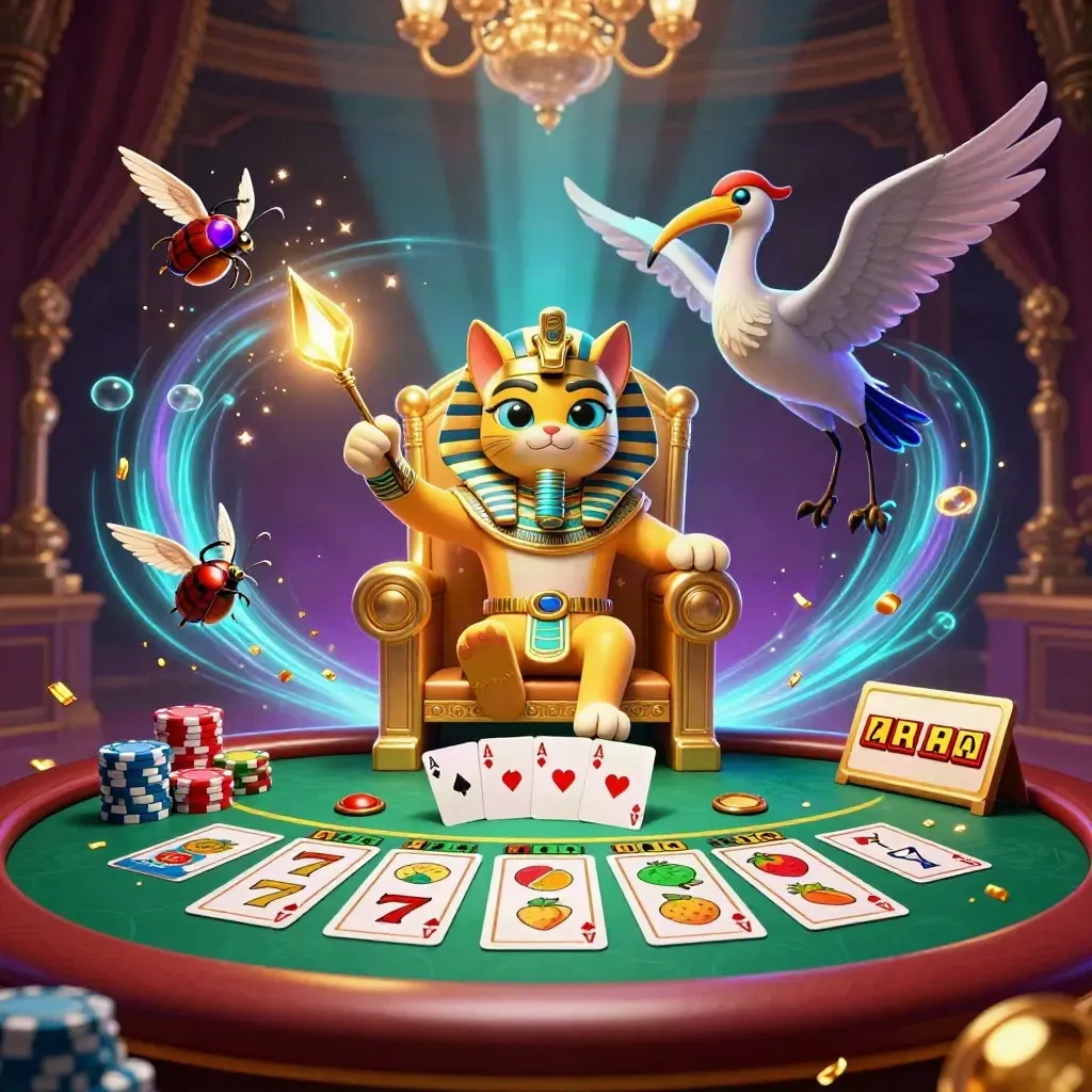 Pharaoh cat, ibis scribe, and gem-wing scarabs burst over a poker table in neon casino glow.