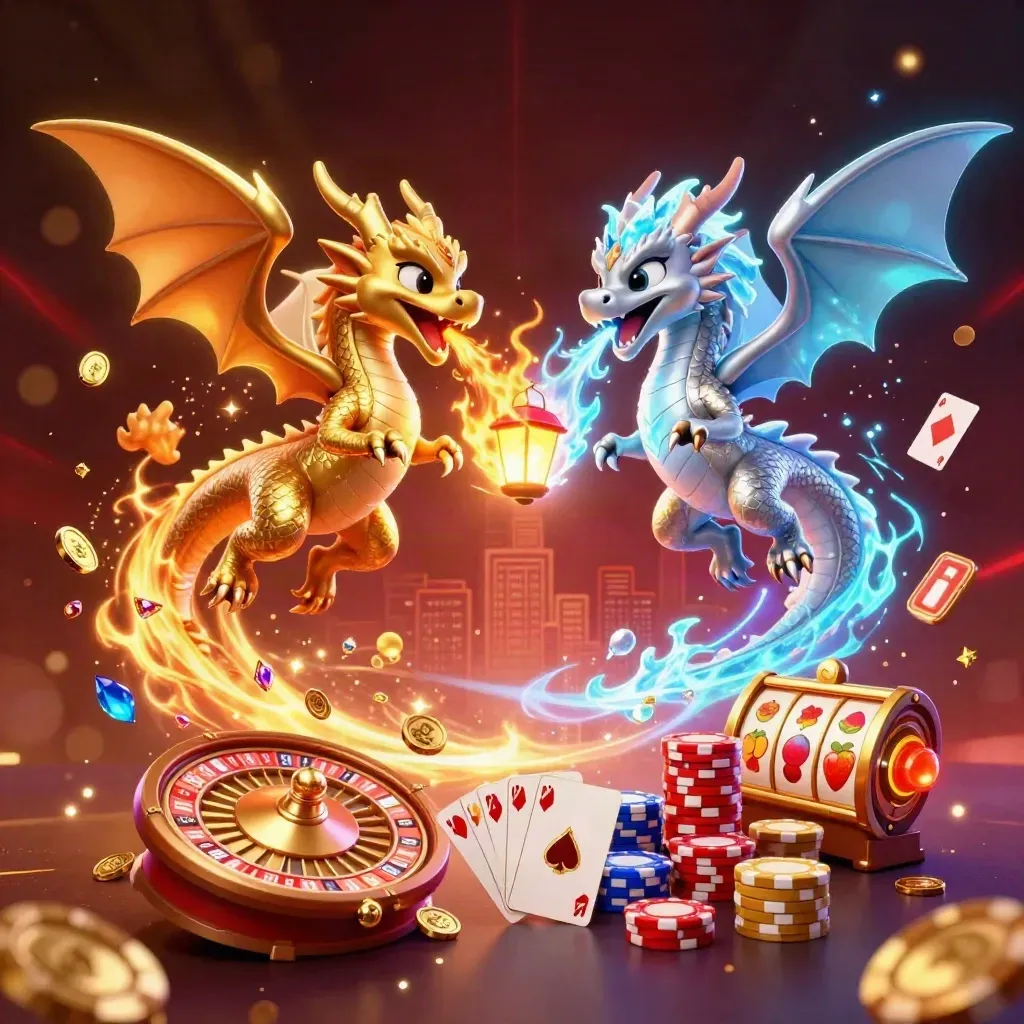 Twin dragons in yin-yang flight over casino loot, coins, cards, chips, and a tiny lantern spirit.