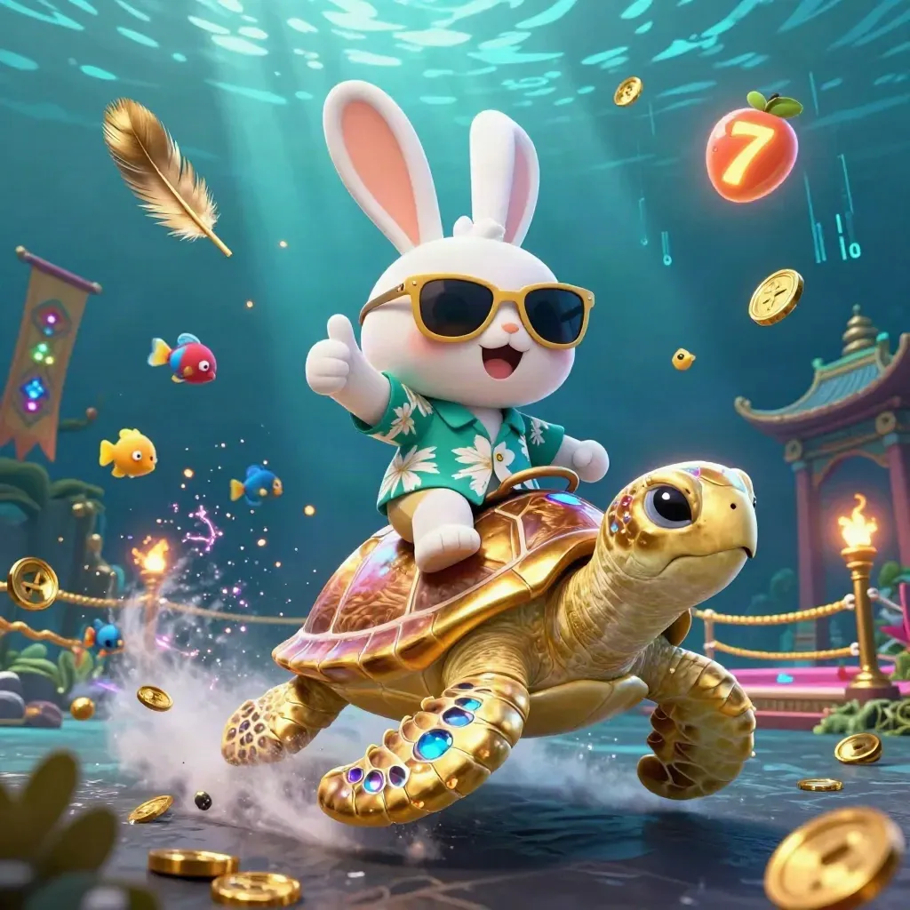 Lucky rabbit rides a jeweled sea turtle through neon underwater casino magic