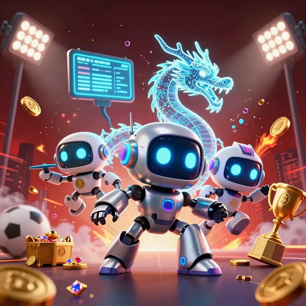 Cyberpunk robot, hologram dragon, and coin drone amid coins, sports balls, and neon light