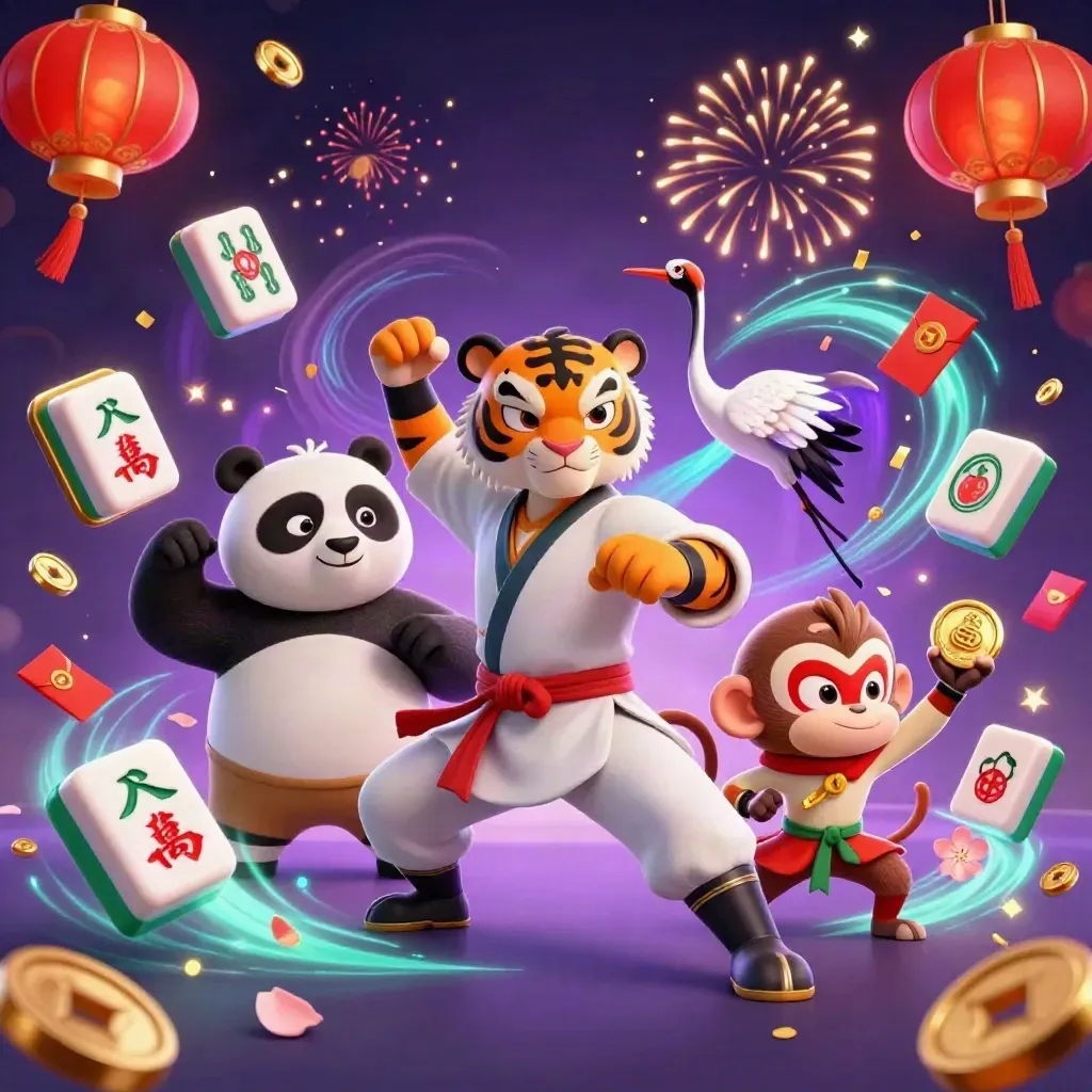 Tiger, panda, and monkey in neon casino kung-fu action with coins, lanterns, and fireworks