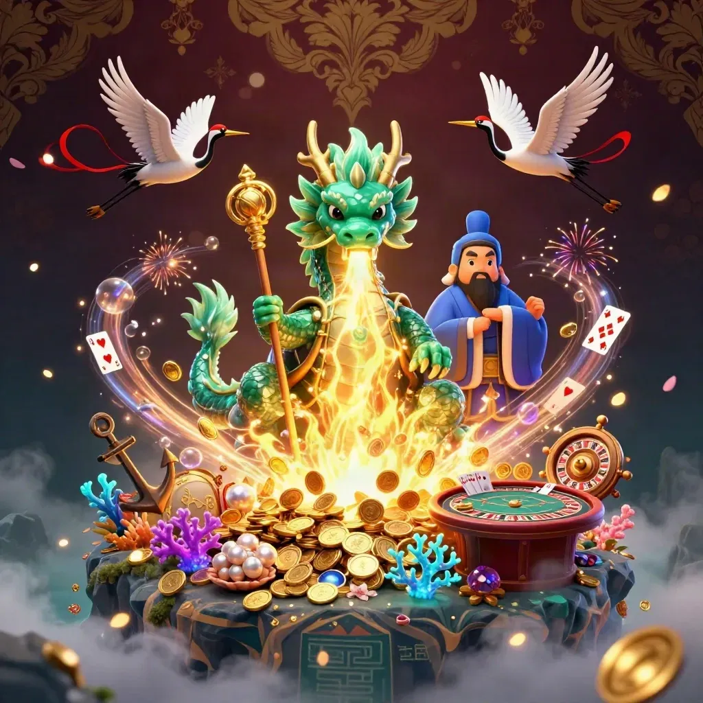 Jade dragon, turtle sage, and cranes amid casino treasure, coral, coins, and spinning roulette.