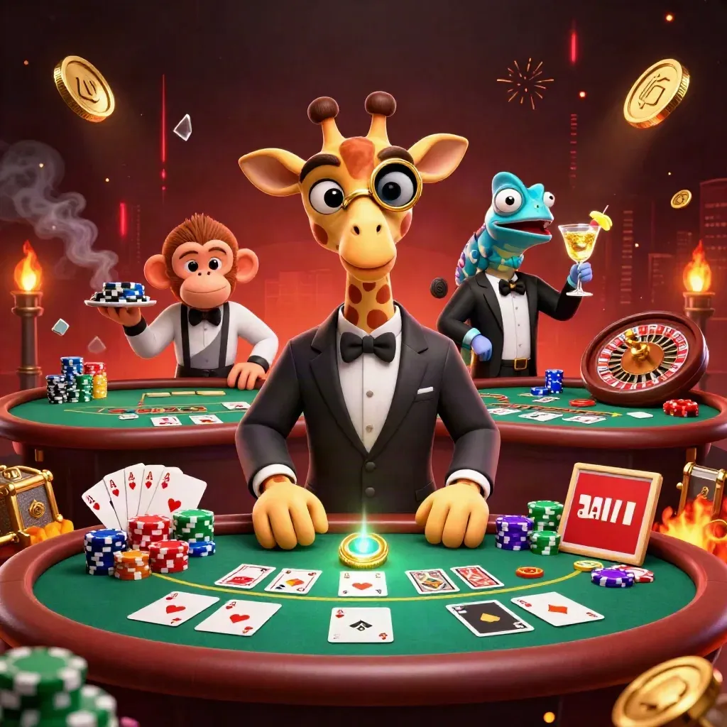 Giraffe high-roller, monkey valet and chameleon bartender amid chips, cards, coins and neon casino glow