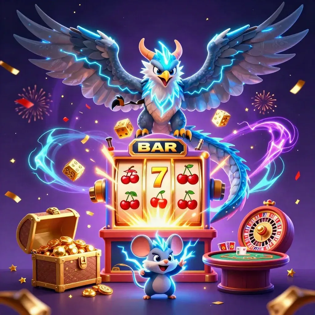 Thunder dragon, wind hawk, and static mouse erupt with casino loot and neon magic.