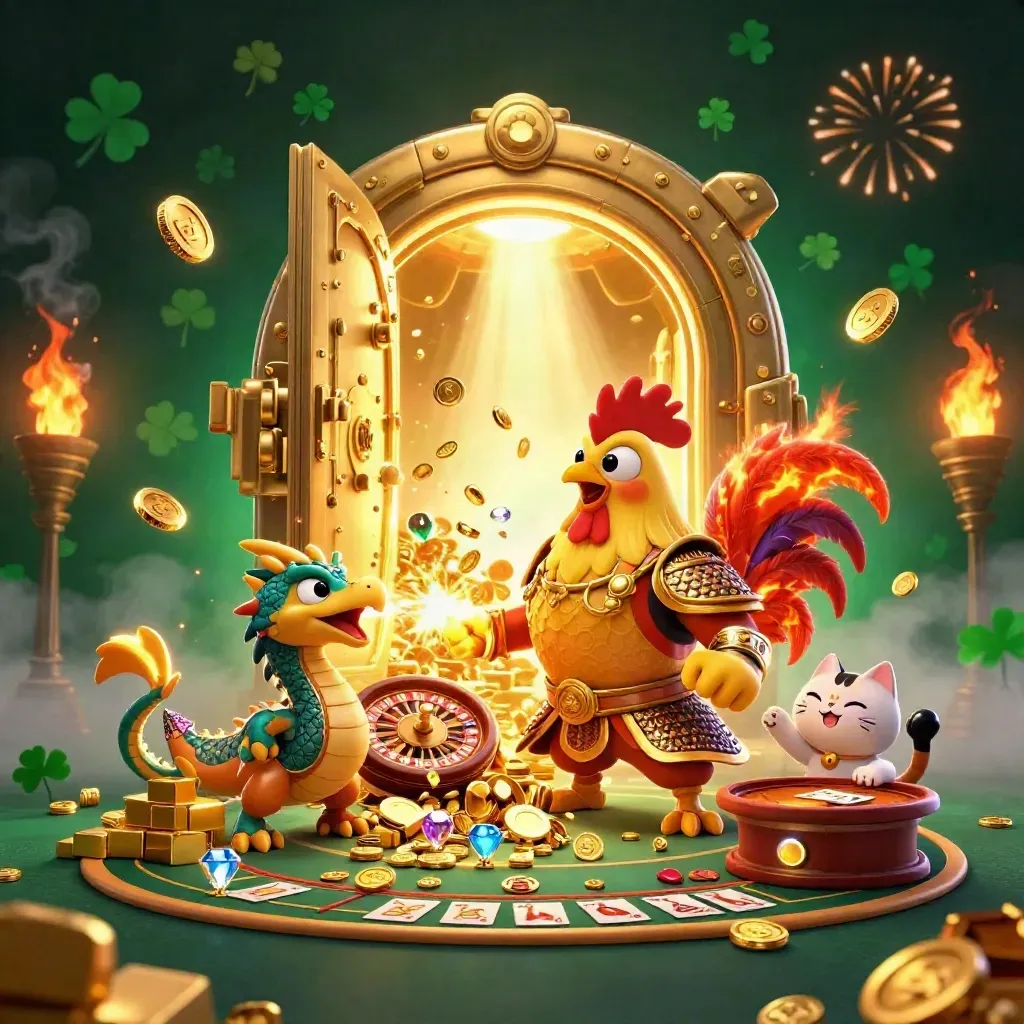 Rooster samurai, dragon hatchling, and cheering lucky cat amid a bursting treasure vault.