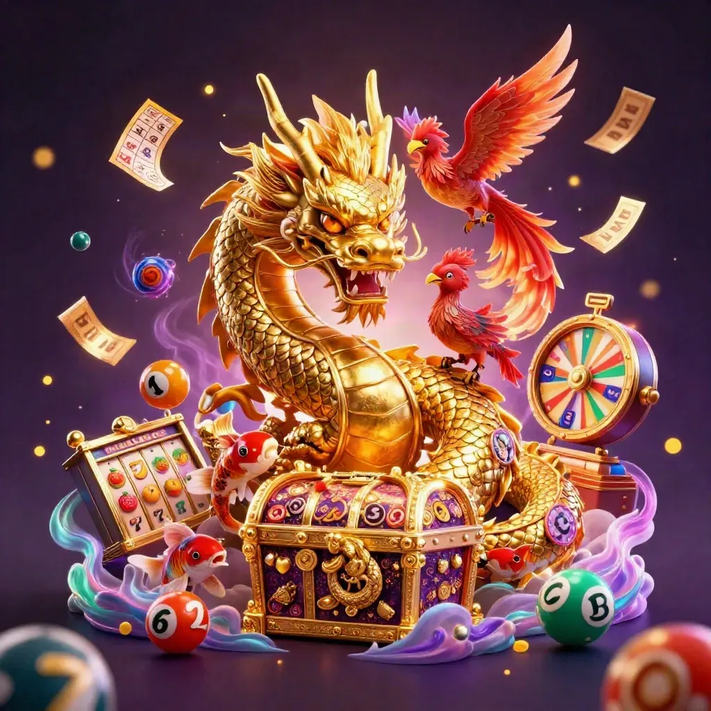 Golden dragon with phoenix and koi amid casino symbols in a neon misty purple glow.