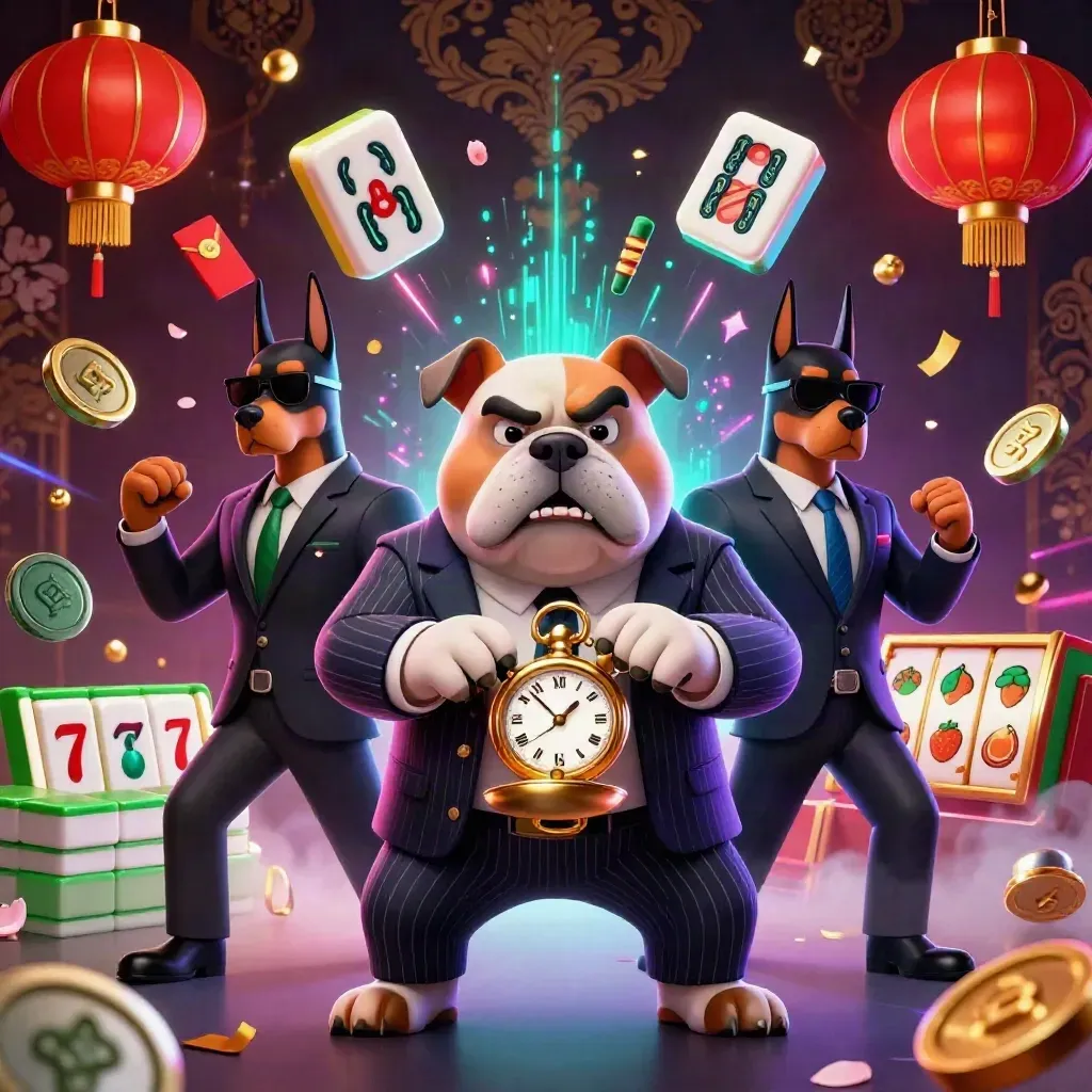 Mafia bulldog and two Dobermans amid casino coins, lanterns, reels and teal-violet neon.