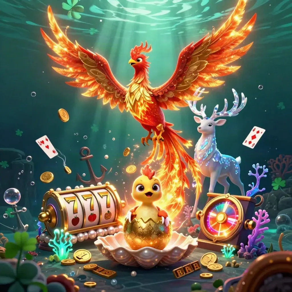 Phoenix, stag, and hatchling phoenix amid casino treasure and glowing underwater reels.