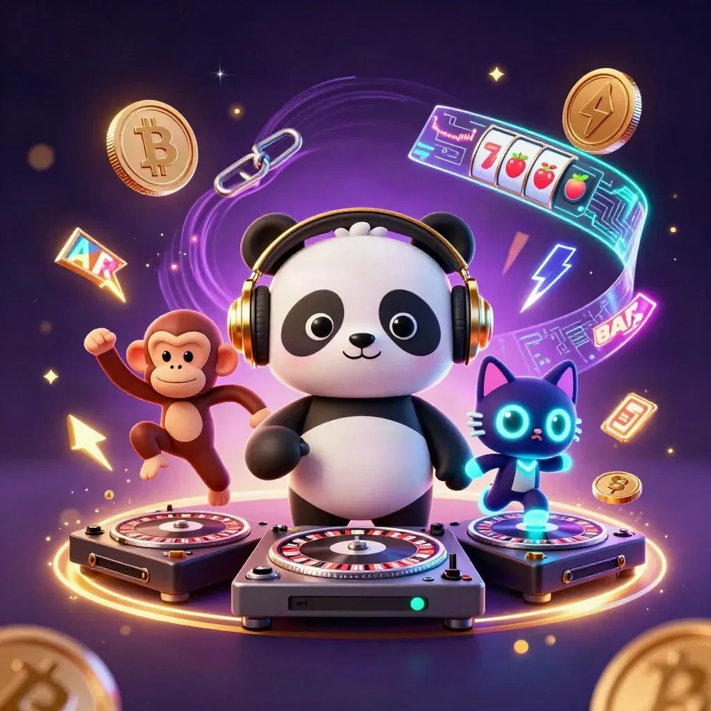 DJ panda, breakdancing monkey and glow-stick kitten spin roulette wheels in neon casino orbit.