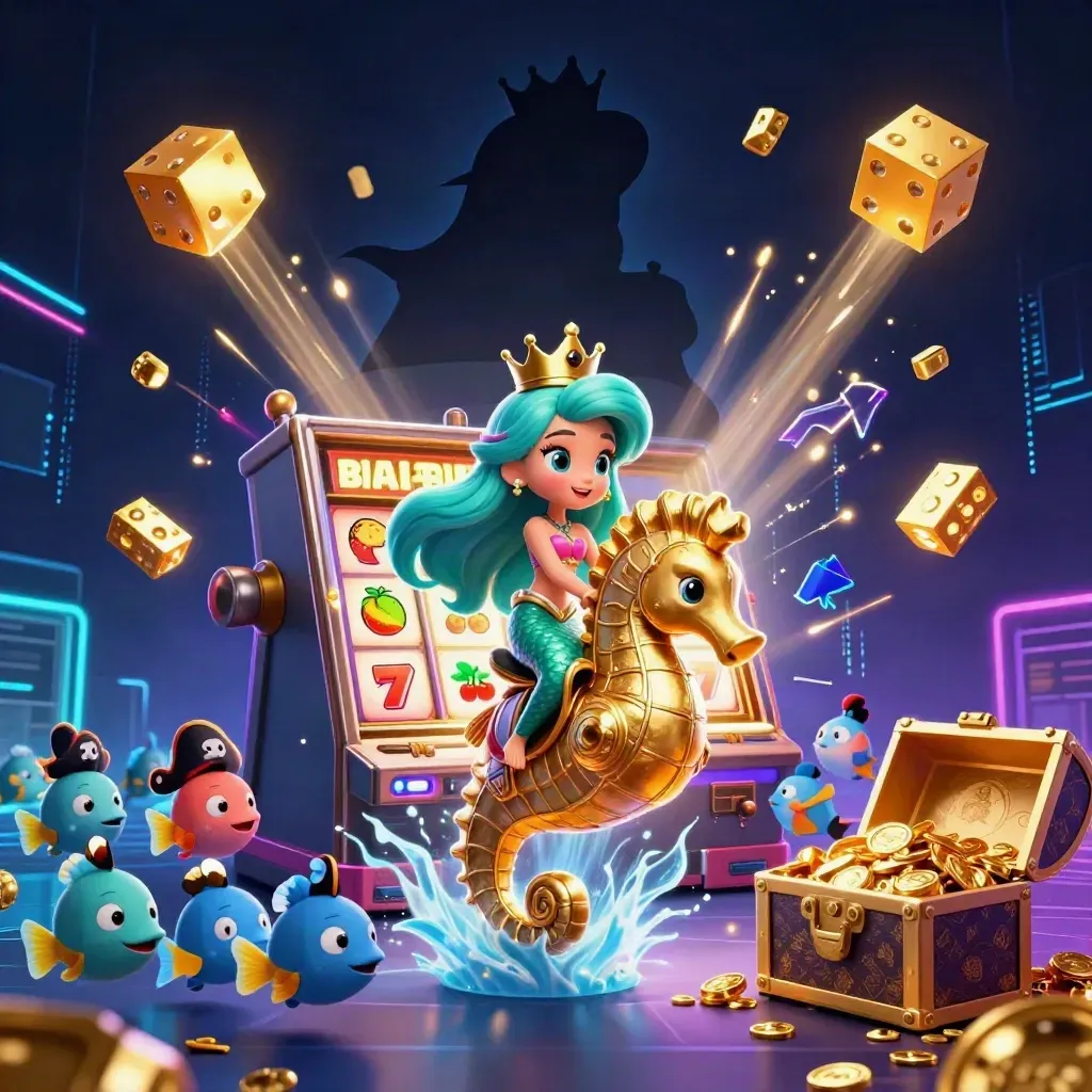 Mermaid princess on a golden seahorse amid slot symbols, dice, and treasure in neon casino glow